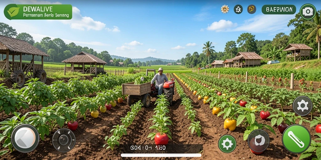 Tampilan gameplay DEWALIVE yang menarik dengan pertanian yang subur.