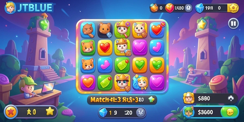 Tampilan utama gameplay JTBLUE yang penuh warna dan menantang.