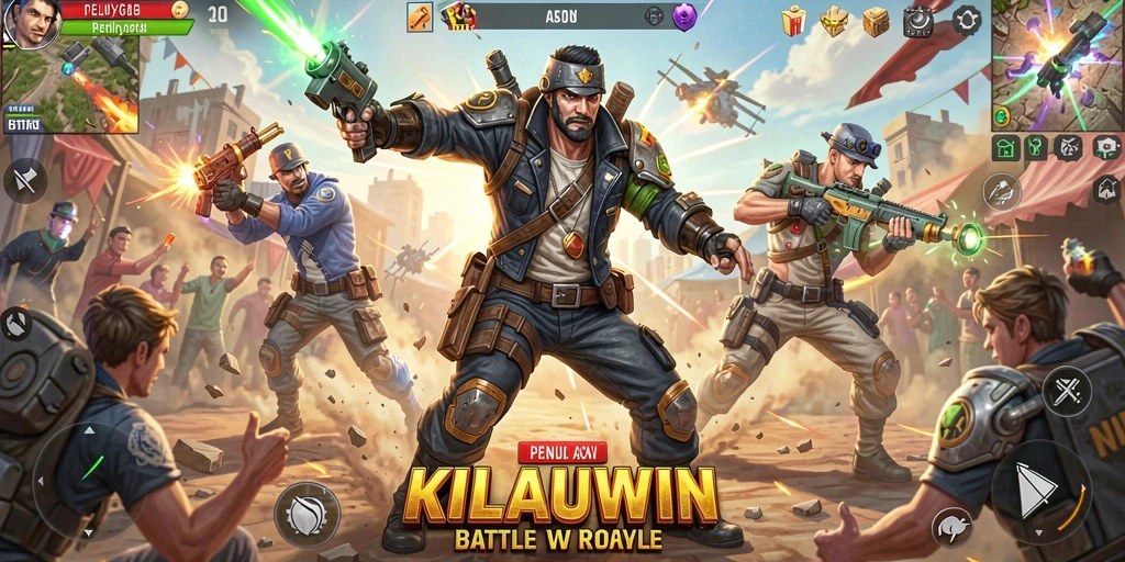 Screenshot gameplay KILAUWIN menunjukkan pertarungan seru dalam Battle Royale.