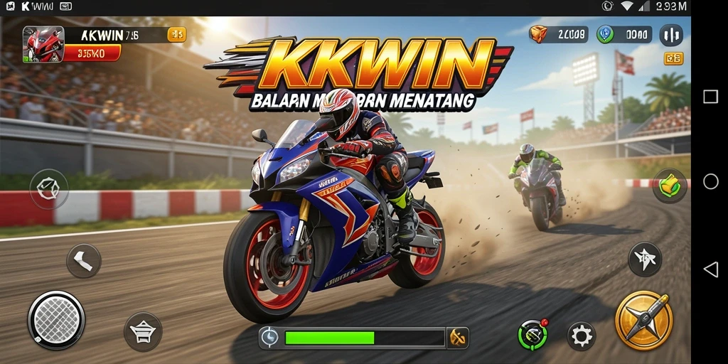 Screenshot KKWIN menampilkan aksi balapan motor yang mendebarkan.