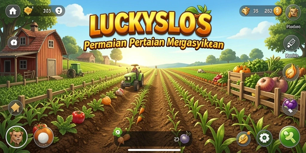 Tampilan gameplay LUCKYSLOTS yang menampilkan ladang pertanian yang indah dan tanaman subur.