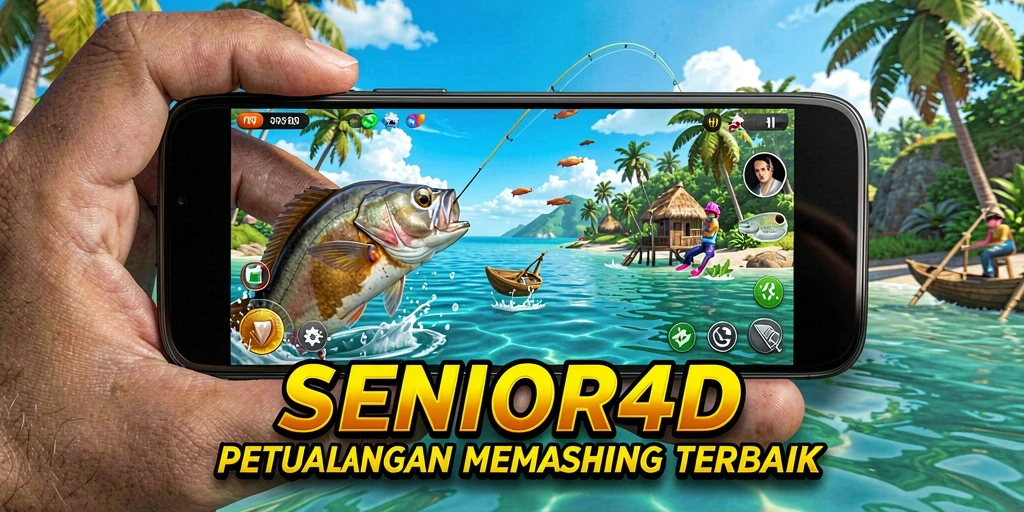 Tampilan screenshot SENIOR4D menunjukkan pemain memancing di danau indah.