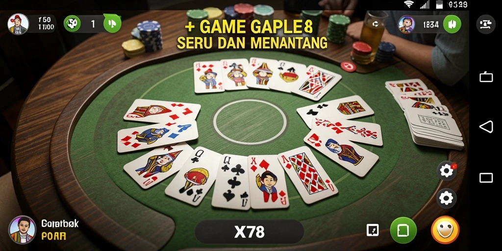 Screenshot gameplay X78 yang menunjukkan suasana bermain Gaple yang seru.